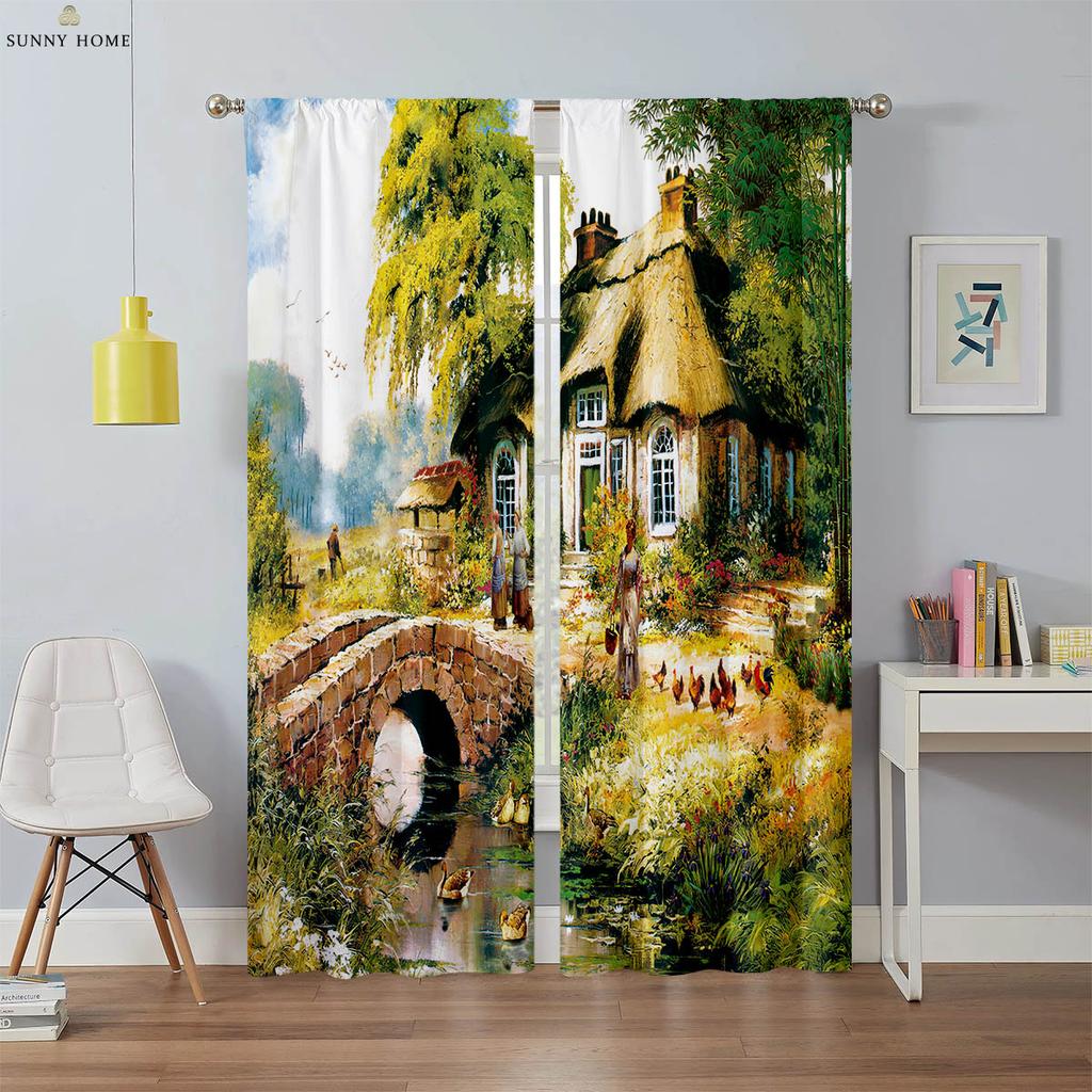 Floral Landscape Oil Painting Printed Curtains Machine Washable Rod Pocket Bedroom Living Room Kitchen Decorative Curtains 2PCS