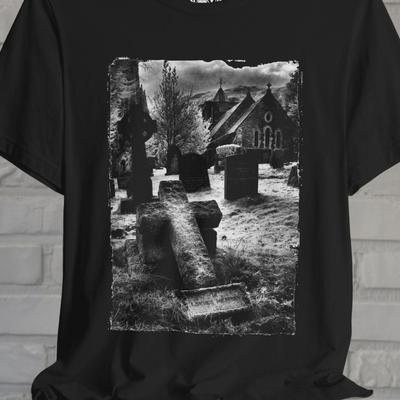 Goth Shirt Ft. Cemetary Black and White Design for Gothic Fashion Grunge Aesthetic and Punk Fashion T-shirt for Fans of Halloween & Macabre