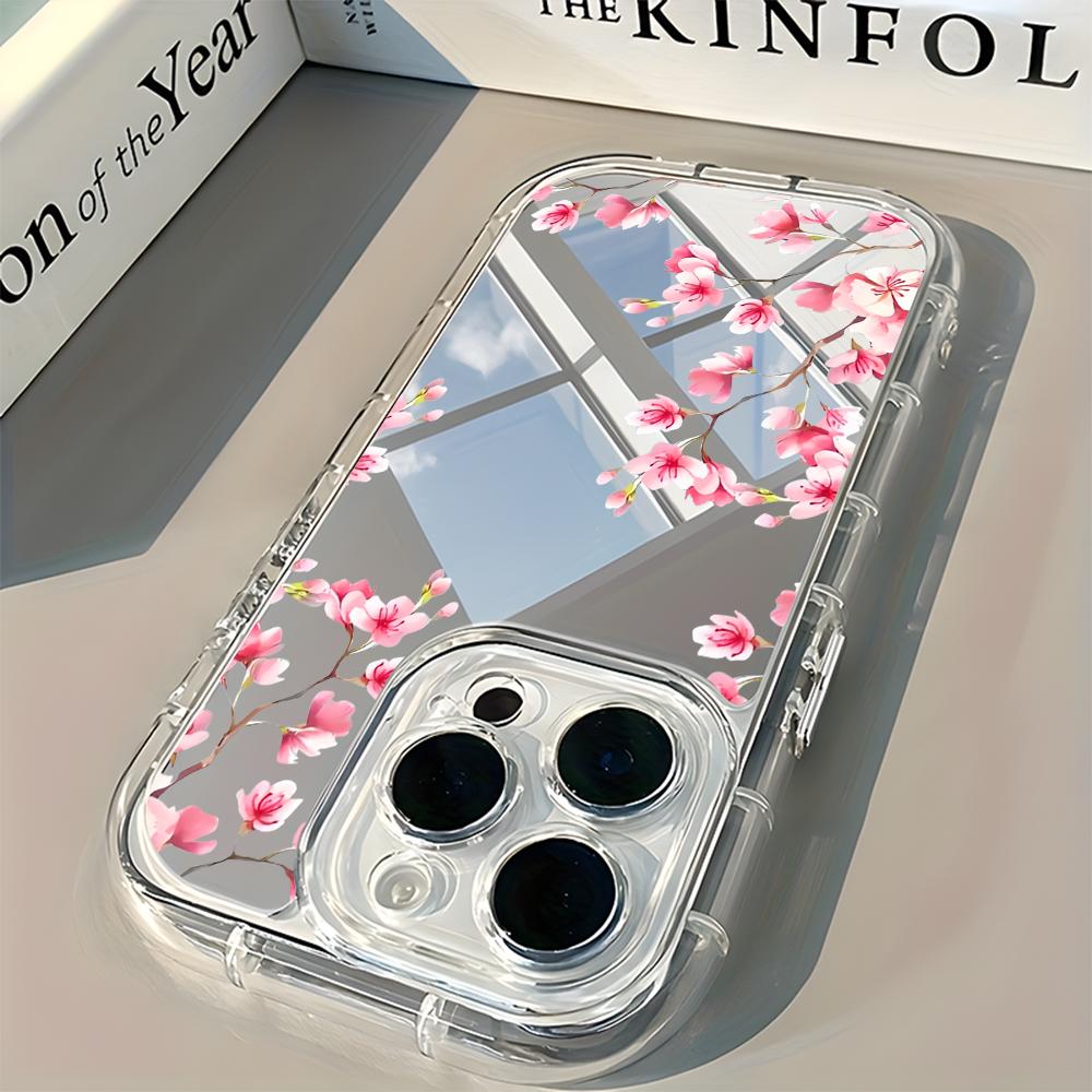Pink Cherry Blossom Floral Back Mirror Phone Case For iPhone 17 16 15 Pro 14 13 12 11 Pro Max 7 8 Plus 17 Air X XR XS Soft Cover