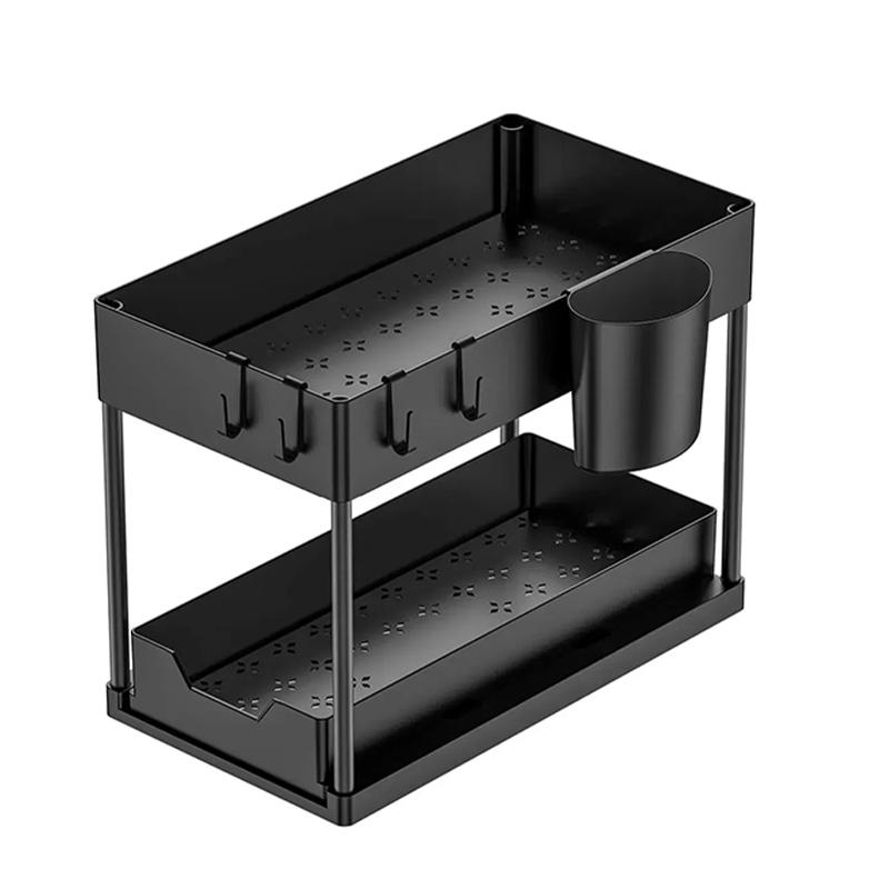 

Kitchen Shelf Pull Out Organiser Sliding Cabinet Basket Organizer with Hooks 2 Tier Multi-Functional Bathroom Storage Shelf