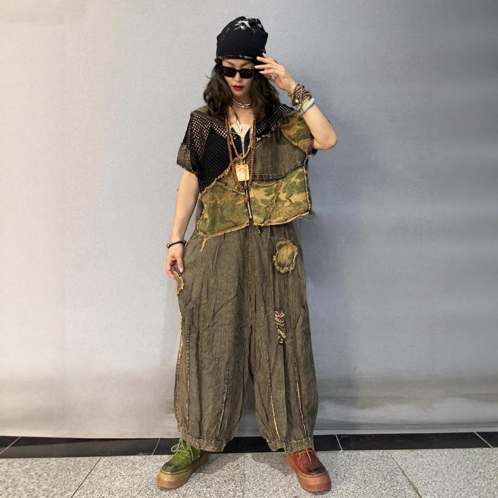 Personality Trendy and Cool Denim Splicing Mesh Hooded Cardigan Jacket Wide-leg Pants Two-piece Set Women's Summer Loose Fashion Suit