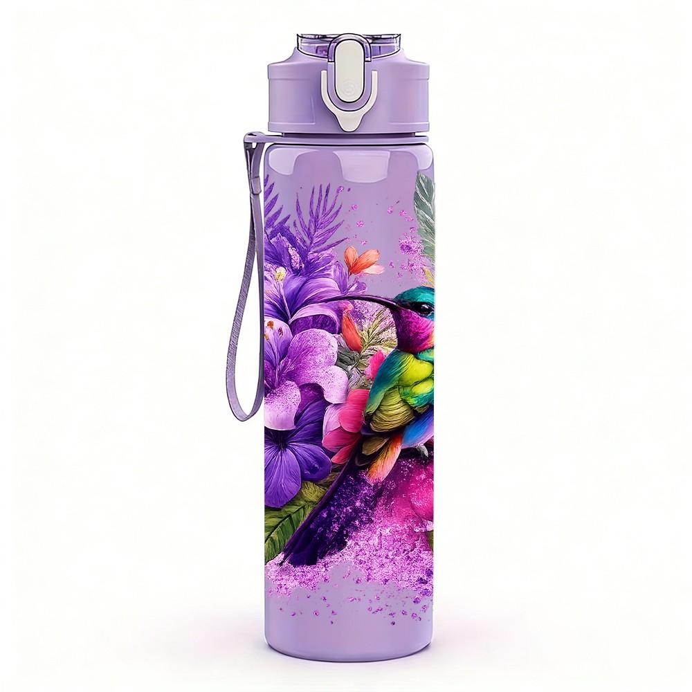 1PC Purple Parrot Tropical Bird Art Print 750ml Color Plastic Sports Water Bottle Leakproof Flip Straw Lid Suitable for Sports Office Home Use