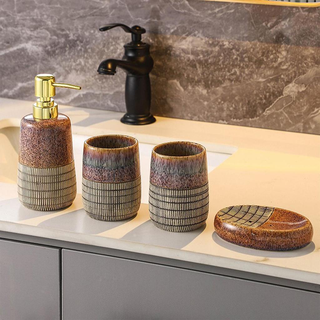 4-Piece Ceramic Bathroom Accessory Set with Tumbler, Lotion Dispenser, and Soap Dish, Stylish Home Decor