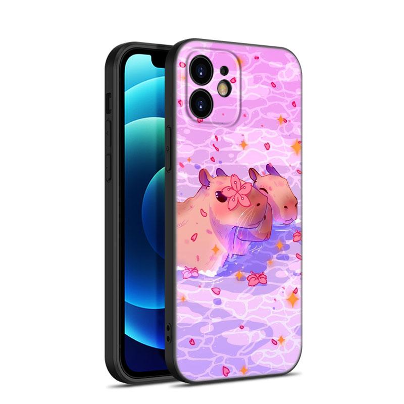 Cute Cartoon Capybara Phone Case For Apple iPhone 12 13 Mini 11 14 15 Pro Max 7 8 Plus X XR XS SE 2020 2022 Black Silicone Case