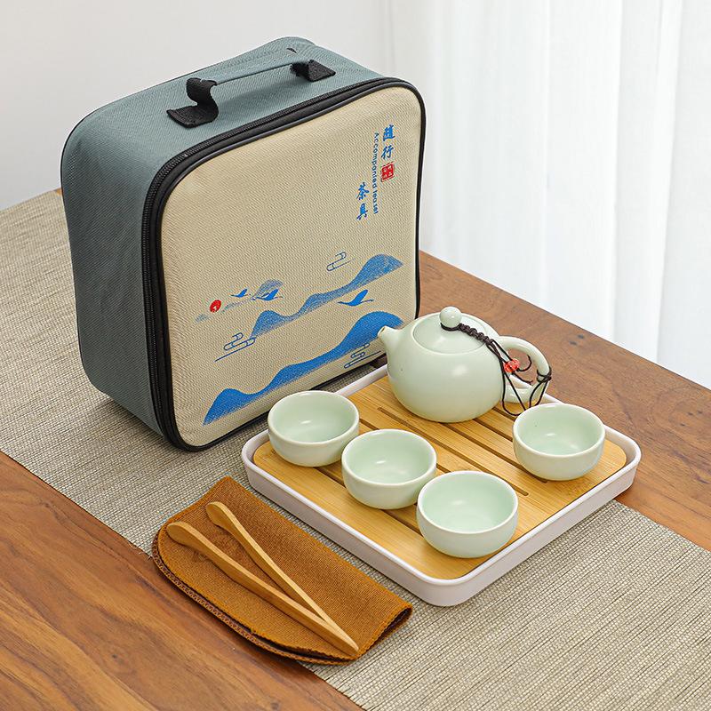 Travel Kung Fu tea set, simple Tianmu glaze brushed sand gold glaze drip pot, real estate business meeting souvenir
