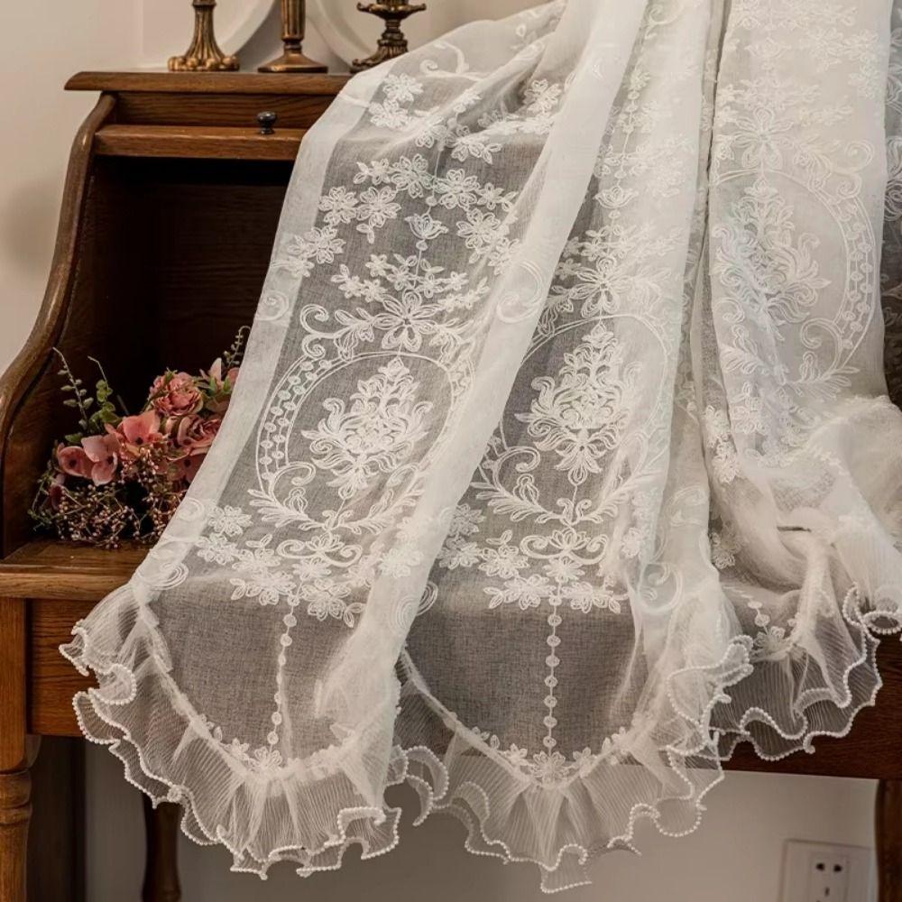 Double Pearls Lace Bottom Ruffled Lace Short Sheer Curtain Floral Short Tulle Drapery  Balcony