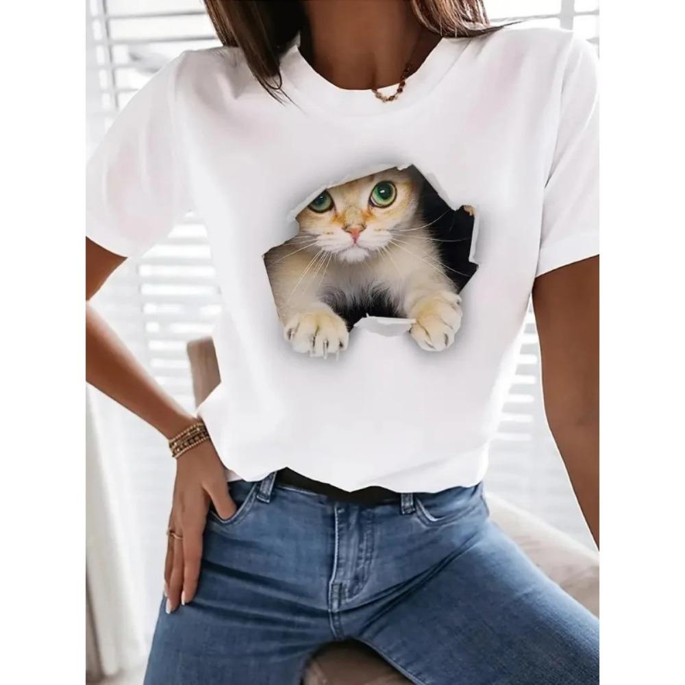 

Cute Cat Print Crew Neck T-Shirt, Casual Short Sleeve T-Shirt for Spring & Summer, Women s Clothing Women Clothing Tops Harajuku M