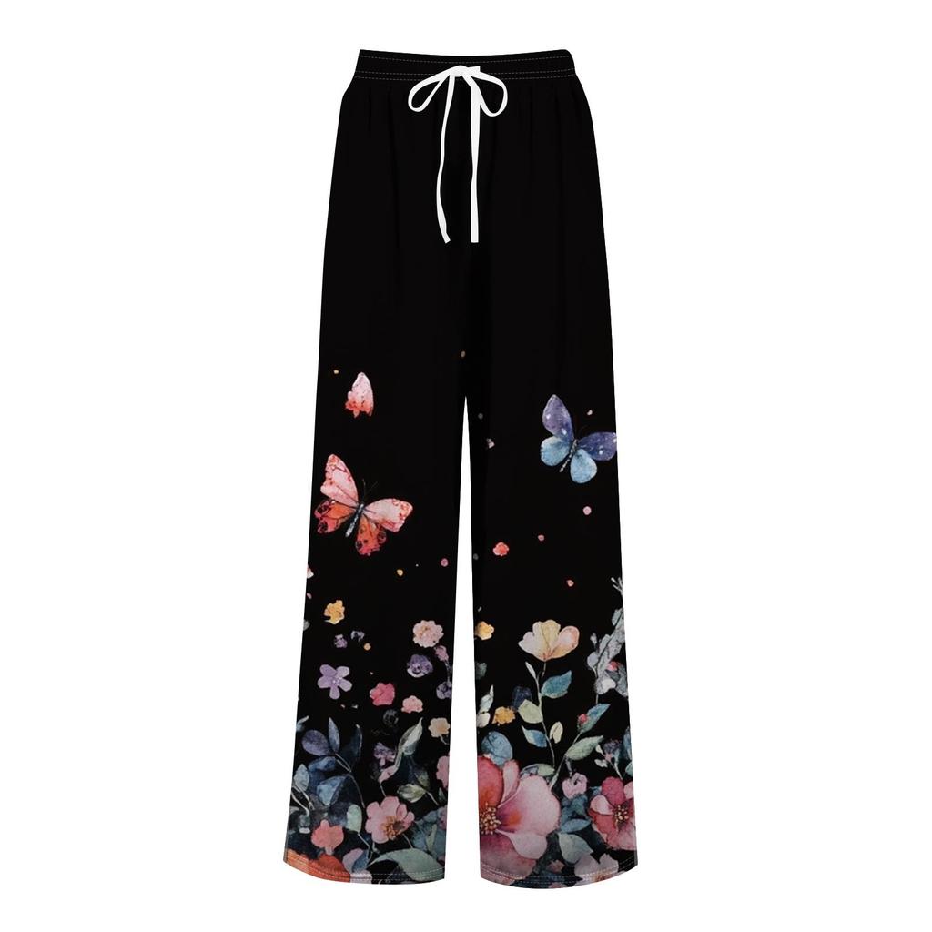 Women's Printed Wide Leg Pants With Pockets High Waist Drawstring Loose Casual Pants