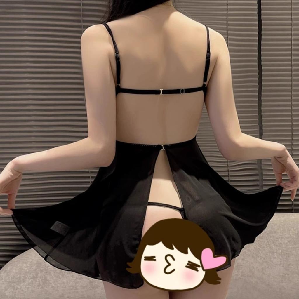 Sexy pure desire high sense hollow lace eye mask splicing mesh dress thin perspective low chest suspender short skirt