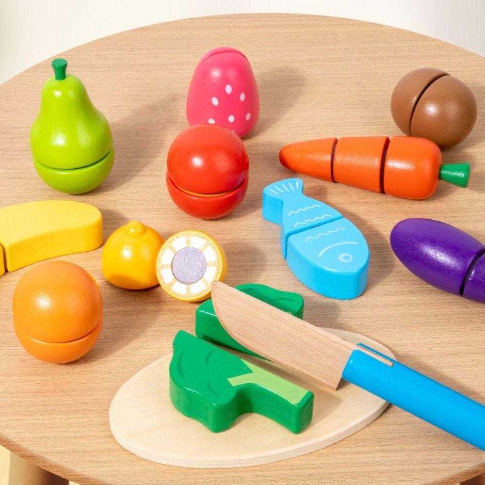 Wooden Wooden Pretend Toy Simulation Cutting Fruit Vegetable Set Fruit Cutting Toy  Children Play