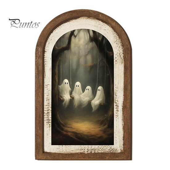 Cute Ghost Arch Shaped Sign Halloween Wall Decor, Table Sign, Vintage Framed Fall Season Decorative Accent Picture, Art for Mantel Living Room Bedroom
