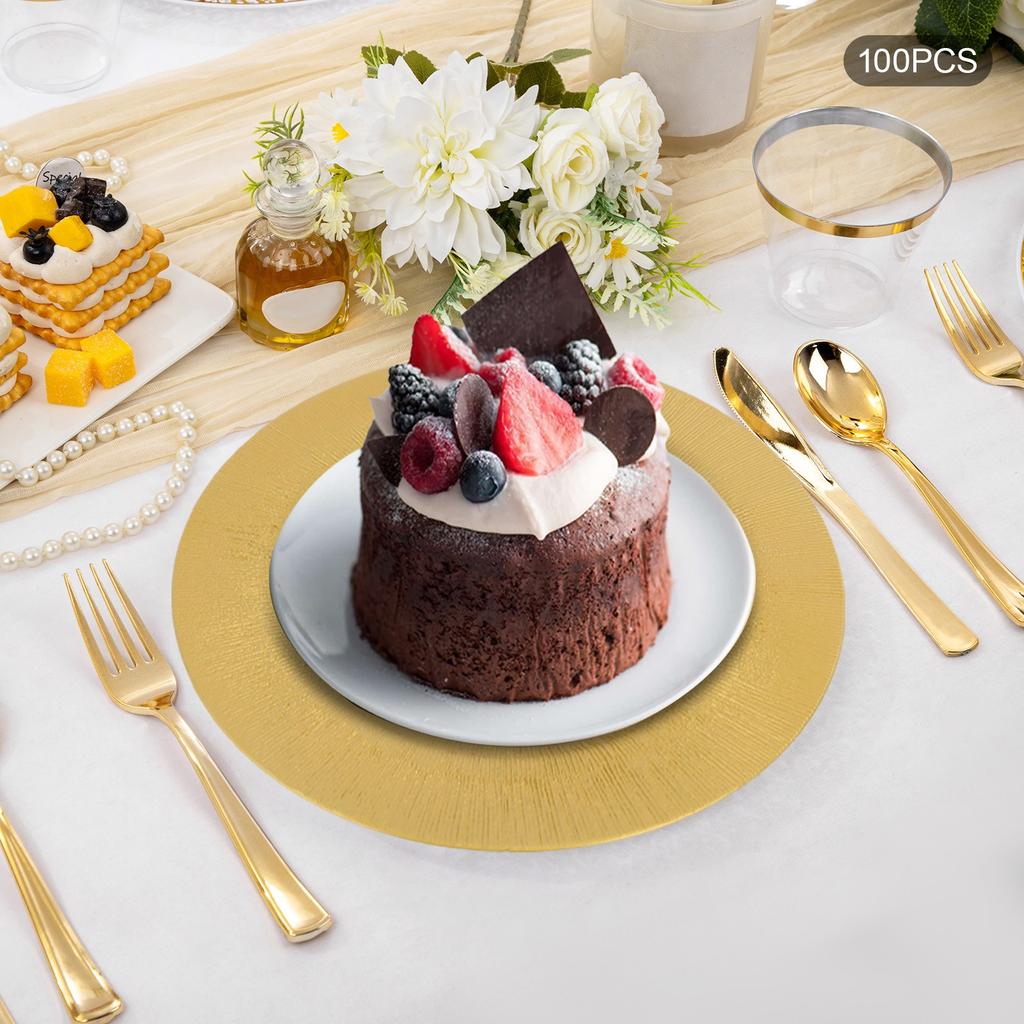 100 Pieces Round Charger Plates Set, Elegant Gold Charger Plates for Wedding Birthday Party Dinner Banquet Event Table Decor