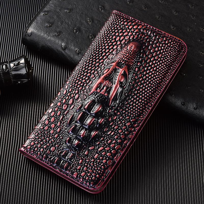Genuine Leather Crocodile 3D Head Flip Case for iPhone 17 16 16E 15 14 13 12 11 8 X XS XR Pro Max Plus Card Slots Wallet Cover