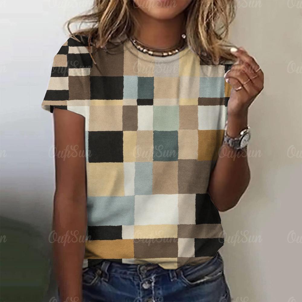 Summer Women's T Shirt Plaid Pattern Print Casual Short Sleeve Crew Neck Tops Fashion Street Oversized Female Clothing Pullover