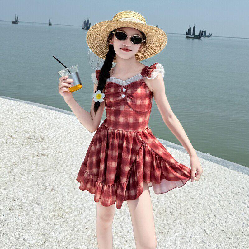 Girls Sleeveless Plaid Princess Dress Swimsuit Summer Beach One Piece Bathing Suit For Big Kids 120