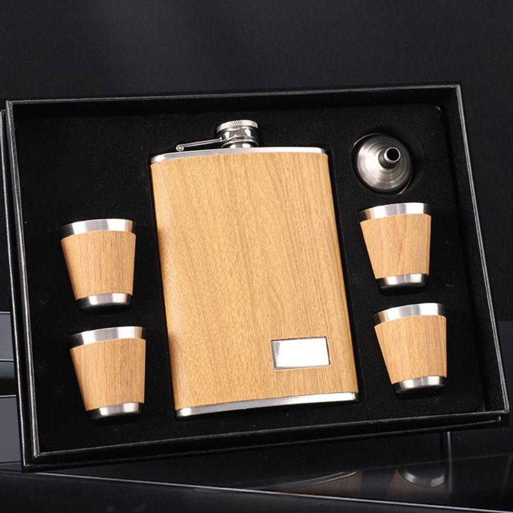 with Wine Cup and Funnel Wine Flagon Stainless Steel Wine Bottle Wood Grain Hip Flask Set  Outdoor
