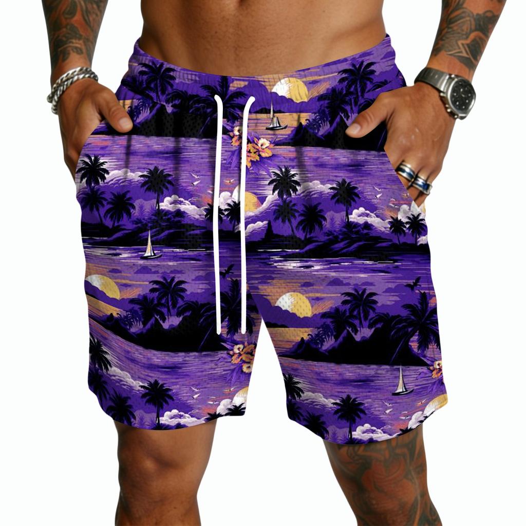 Men's Casual Drawstring Shorts Lightweight Quick Dry Five Inch Inseam Hawaiian Print Beachwear Summer Bottoms with Pockets