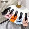 Summer Pleated Orange Women Slipper Fashion Slides Ladies Elegant Thin High Heel Square Toe Sandals Shoes