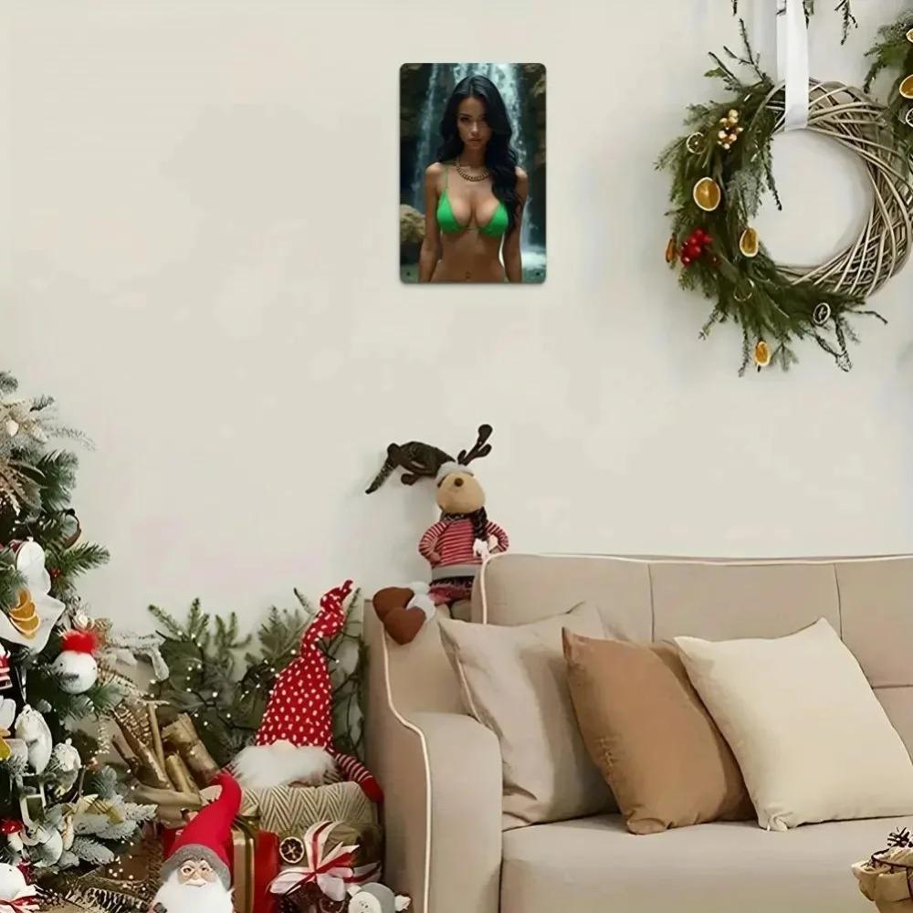 Vintage Metal Wall Art Sexy Green Bikini Beauty Decor Plaque, 7.87x11.8 Inch Retro Sign for Cave Bar Garage Room Decoration