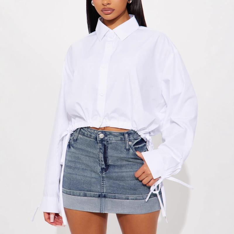 Spring New Fashion Casual Drawstring Lace Up Women s Shirt Long Sleeve Top S белый