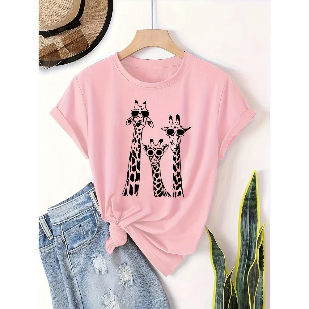 

Giraffe Family Print Cute T-shirt Crew Neck Short Sleeve Top for Spring Summer Women s Clothing 2XL