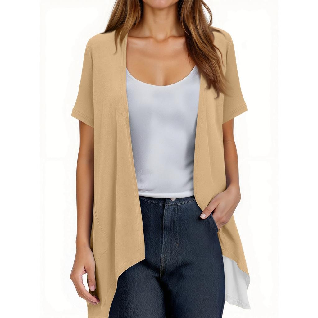 Women's Fashion Solid Color Irregular Hem Short Sleeve Cardigan Pocket Jacket
