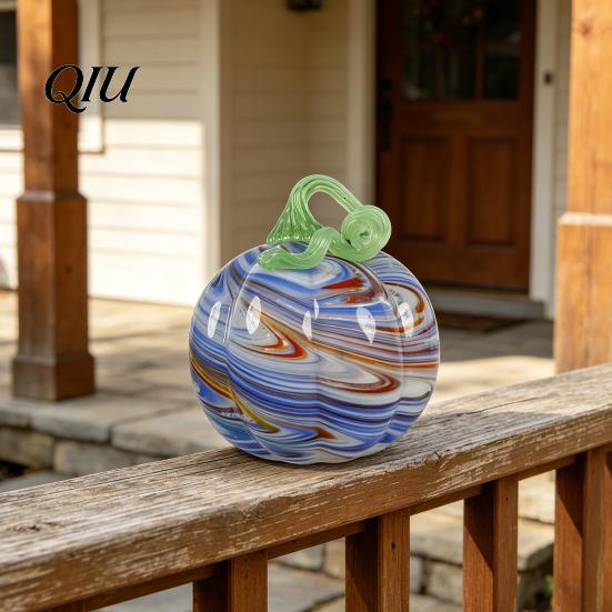 Fall Season Decoration Mini Hand Blown Glass Pumpkin Ornament, Collectible Thanksgiving Halloween Transparent Figurine Faux Crystal Hanging for Fall,