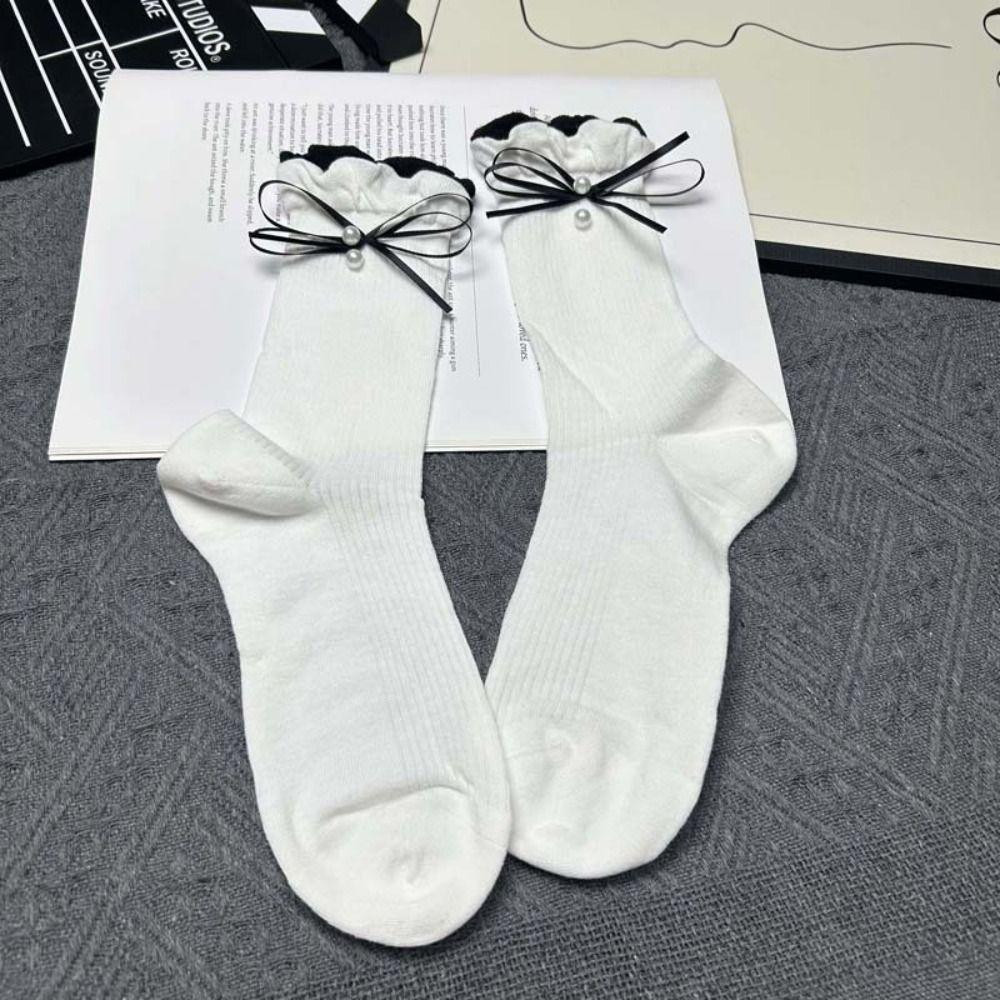 5Pairs Ruffle Mid Tube Socks Thin Sweet Socks Women Solid Color Bowknot Pearl Socks  Lady