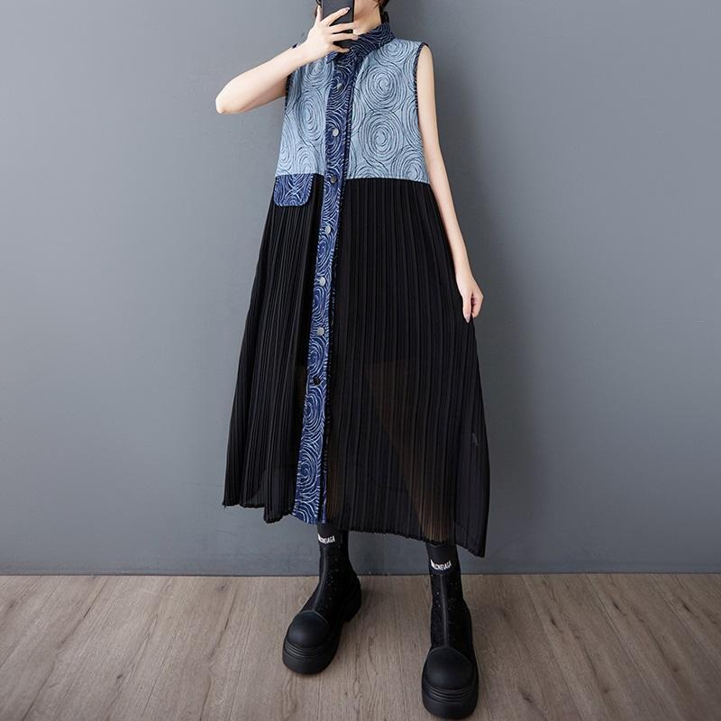 Rochii de vară lungi și lejere din denim, fără mâneci, stil vintage, model patchwork, pentru femei