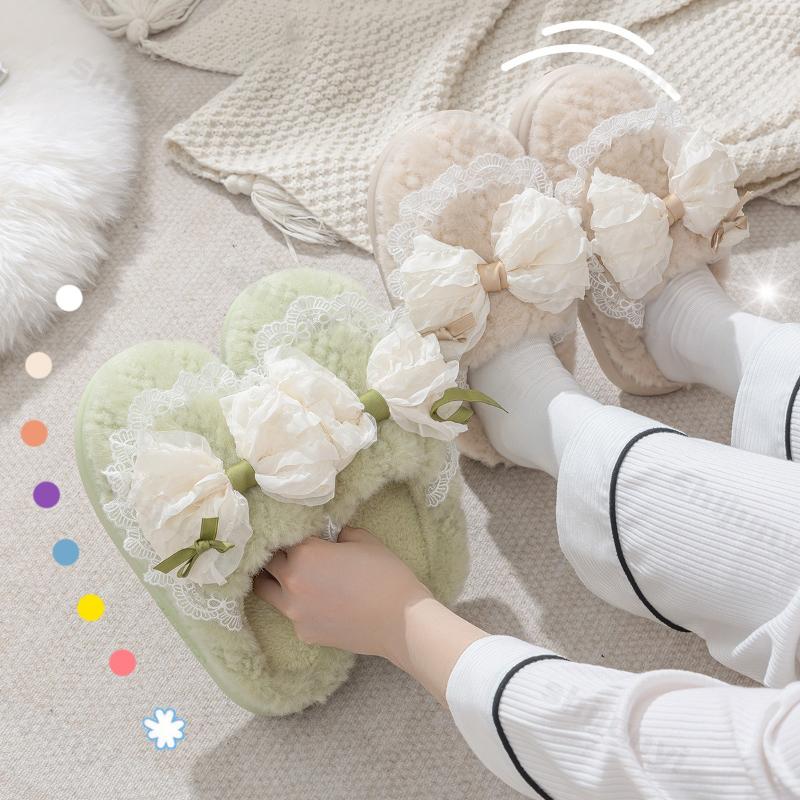 Women's Platform Cotton Slippers Winter Bow Knot Non Slip Home Slippers Thicken Warm Lightweight Comfortable Plush Shoes