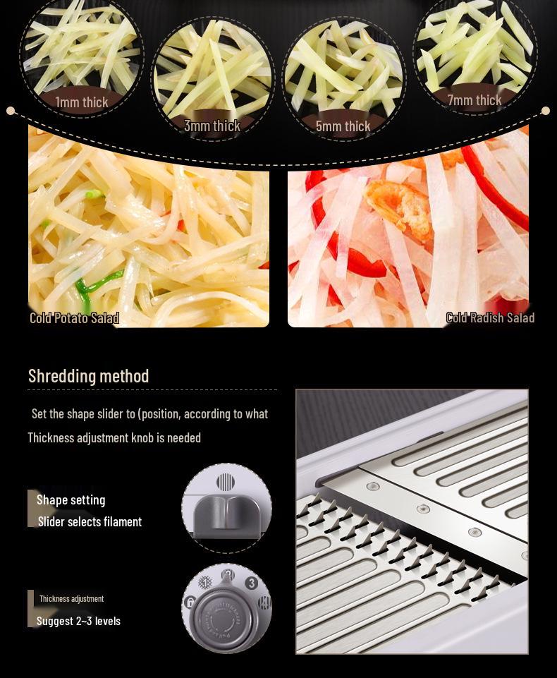 Multifunctional Vegetable Cutter: Potato Shredder, Grater, Slicer, Dicer & Wavy Radish Cutter.