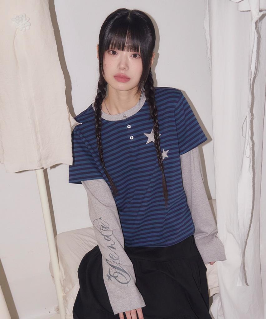 PRENDA Stripe Layered Henry Neck Long Sleeve Deep Blue
