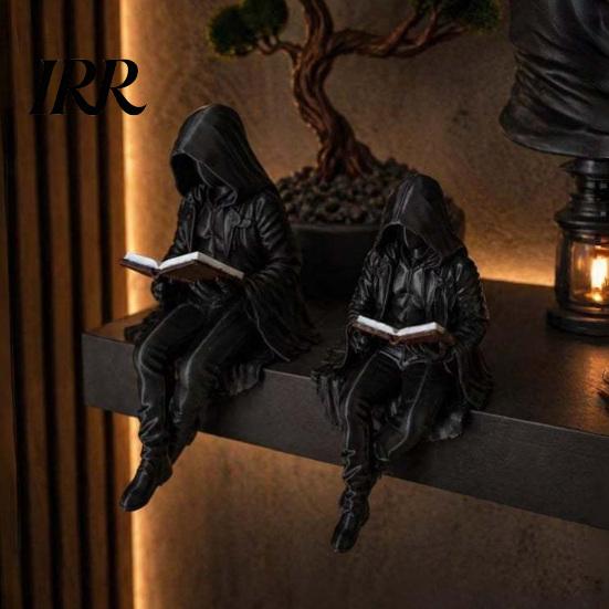 Hooded Figurine Gothic Dark Fantasy Reading Figurine, Mystery Figure Sculpture, Decor Statue Resin Sitting Grim Reaper for Bookshelf, Desk Home