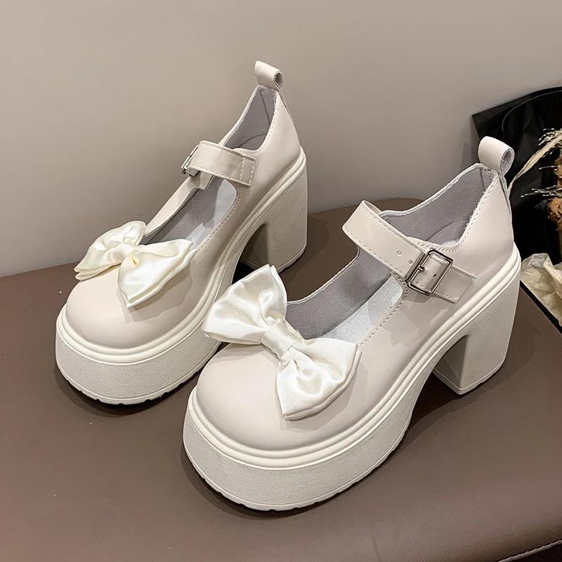 Fashion 2025New Chunky Heel Shoes Spring Round Head Shallow Mouth Bow One Word Buckle Waterproof Platform Anti-slip Wear  Jane Shoes