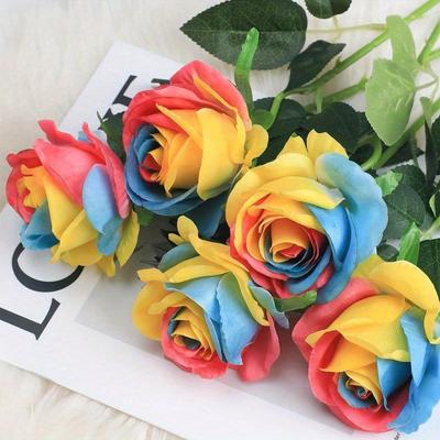 10 Pcs Silk Flowers with Stems Rainbow Fake Roses 50cm Artificial Flowers Fake Artificial Roses for Home Wedding Hotel Office Centerpiece Decor