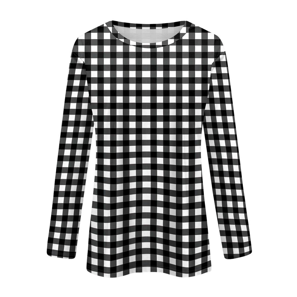 Top de Punto a Rayas y Cuadros de Manga Larga con Cuello Redondo para Mujer