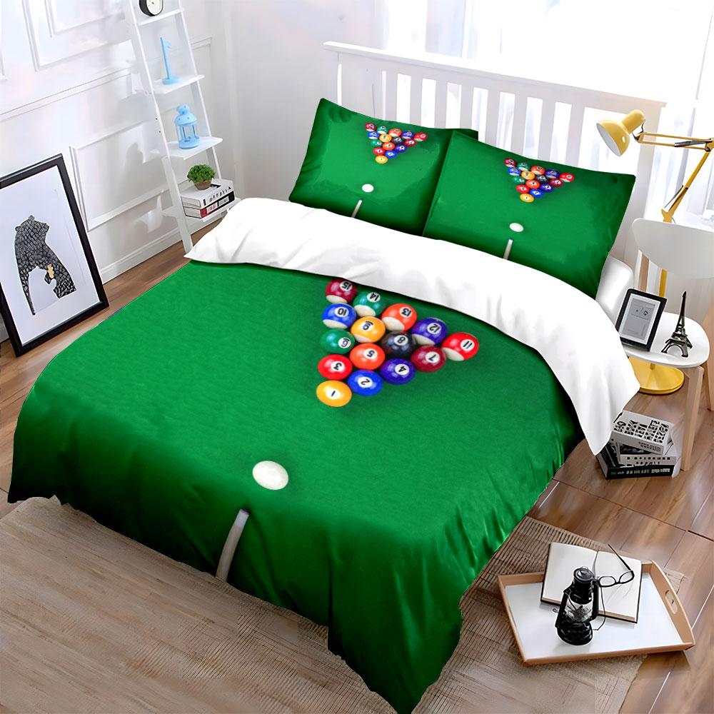 3Pcs Billiards Pool Bedding Set, 8-Ball Game Print Duvet Cover Set, Green Table With Cue And Balls Pattern For Game Room Decor