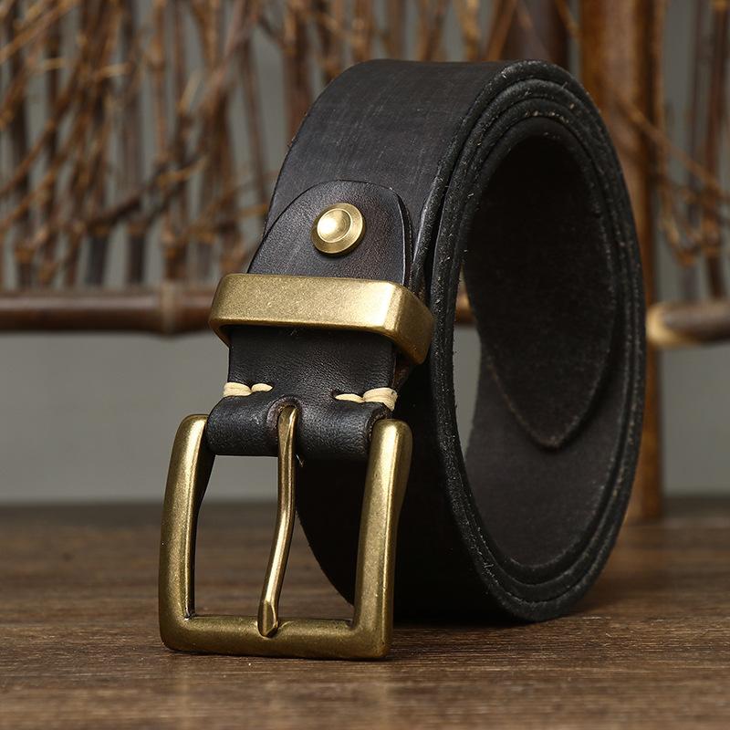 Korean Version Trendy Retro Style Belt Men'S Genuine Leather First Layer Cowhide New Copper Buckle Denim Overalls Belt Men'S