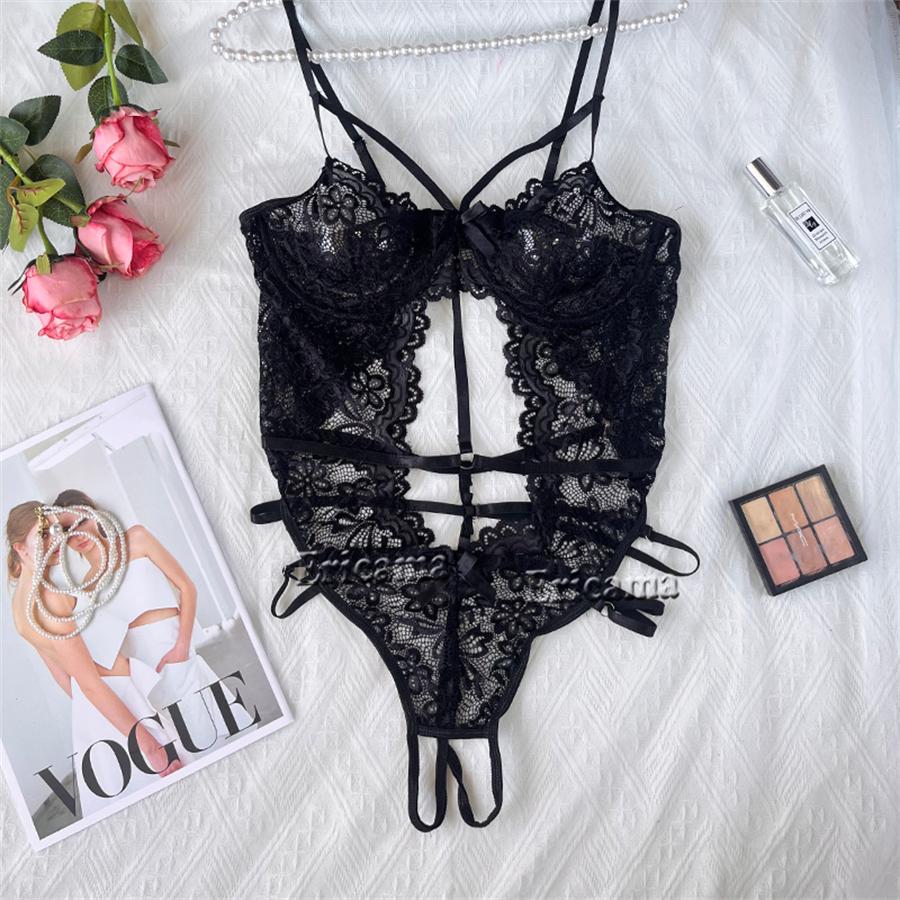 Lingerie Set Backless Women Sheer Floral Lace Strappy Bodysuits Erotic Fancy Sexy Underwear Sexy Flower Jumpsuits Exotic Apparel