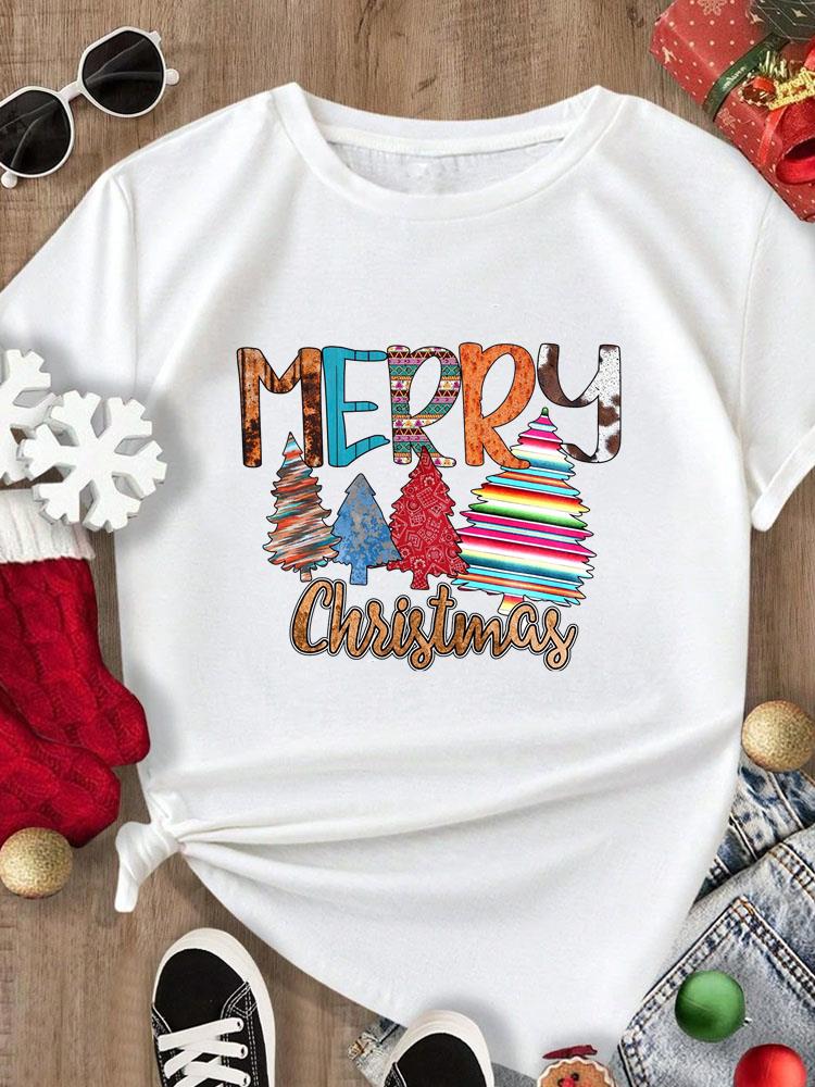 (Asian Size) Tee Merry Christmas New Year Holiday Top festival Casual tree letter style Women Print Lady Short Sleeve Fashion Graphic T-shirts