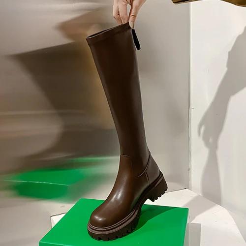 

Зимние короткие плюшевые женские рыцарские сапоги, модные мягкие кожаные сапоги до колена, лаконичные квадратные туфли на низком каблуке 35 коричневый