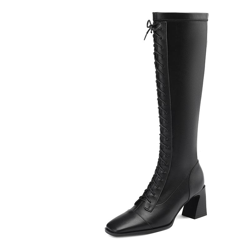 

Meotina/женские сапоги до колена из натуральной кожи, длинные ботинки с квадратным носком, на толстом высоком каблуке, на молнии, на шнуровке, женская обувь, осень-зима 40 33 чёрный