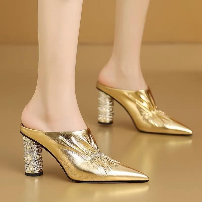 Fashion Designer Half Slippers Women's High Heels Slippers Fashion Pointe Toe Party Women Shoes Temperament Rhinestone High Heels Slides