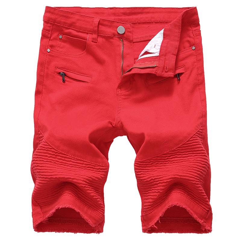 

European & American Men s Biker Jeans: Wrinkled Zipper Denim Shorts, Elastic Mid-Length Trendy Motorcycle Pants 34 красный