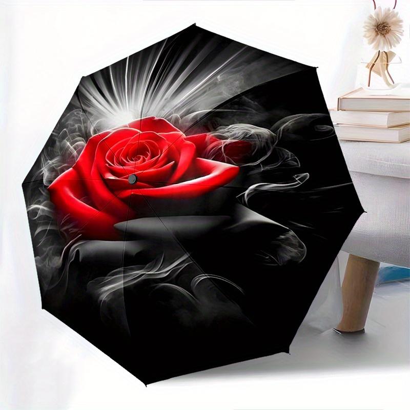 Rose, Smoke Automatic Folding Umbrella Simple Eight Rib Design, Bright Color Pattern, Durable Iron Frame, Ideal for Travel and Outdoor, Bea