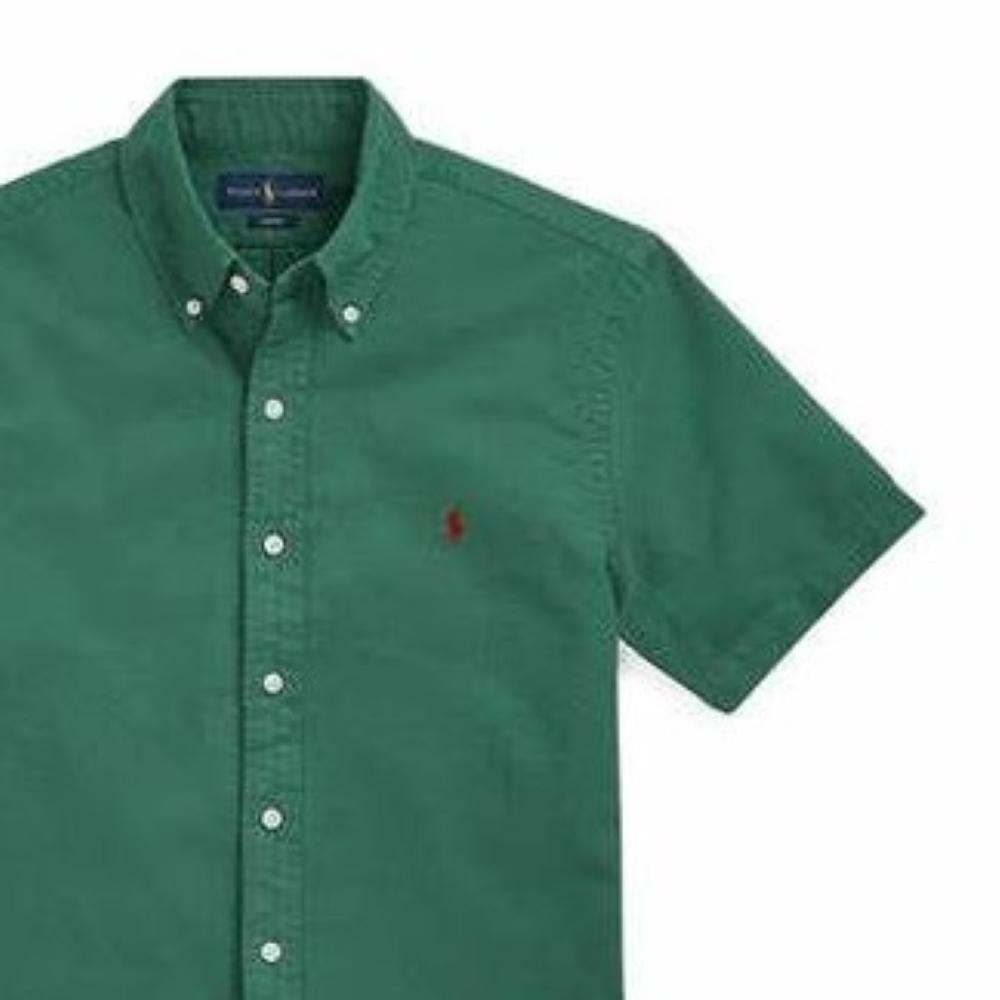 Polo Ralph Lauren SS24 Pánská košile s krátkým rukávem z bavlny s výšivkou loga Pony, praná, zelená 710755879-002