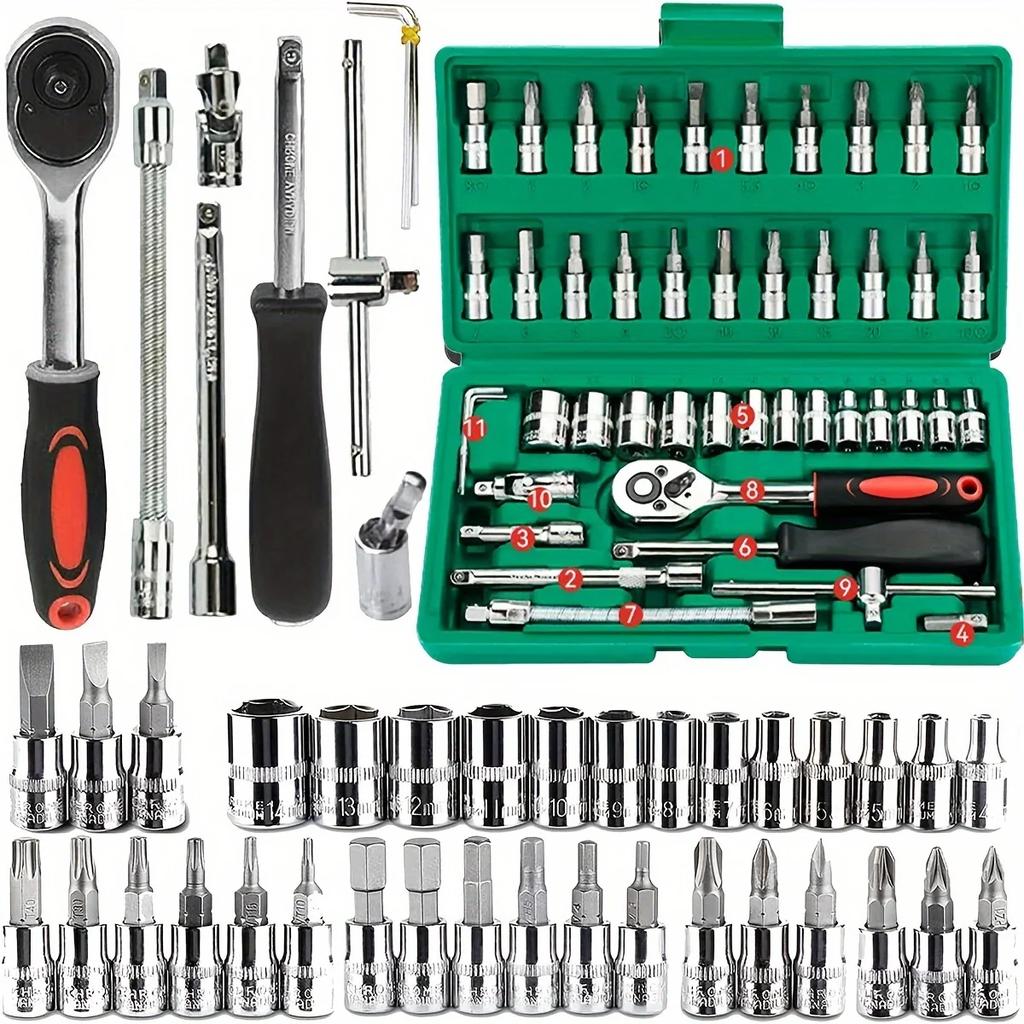 46pc Drive Socket Set 1/4 Inch Ratchet Wrench Set Mechanic Tool Kits for Auto Repair Hous with Sockets Metric Hex Bit Socket Set