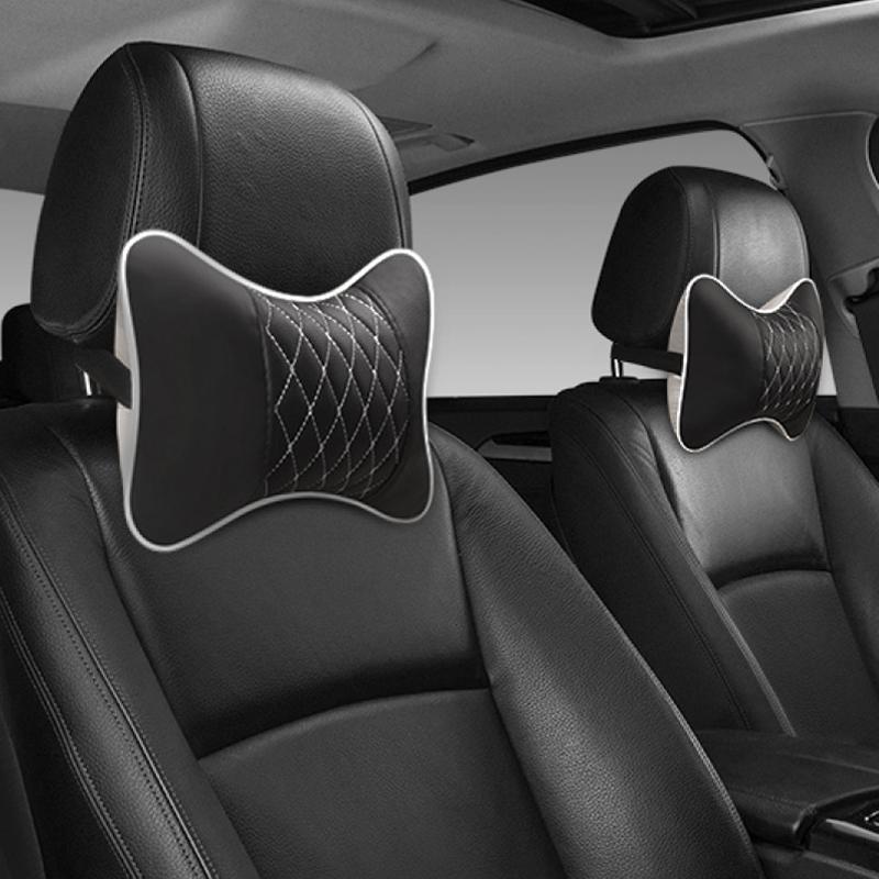 2pc Luxury Car Headrest Neck Pillow Pu Leather Quilted Plaid Soft Comfortable Breathable Pillow Cushion Car Interior Accessories