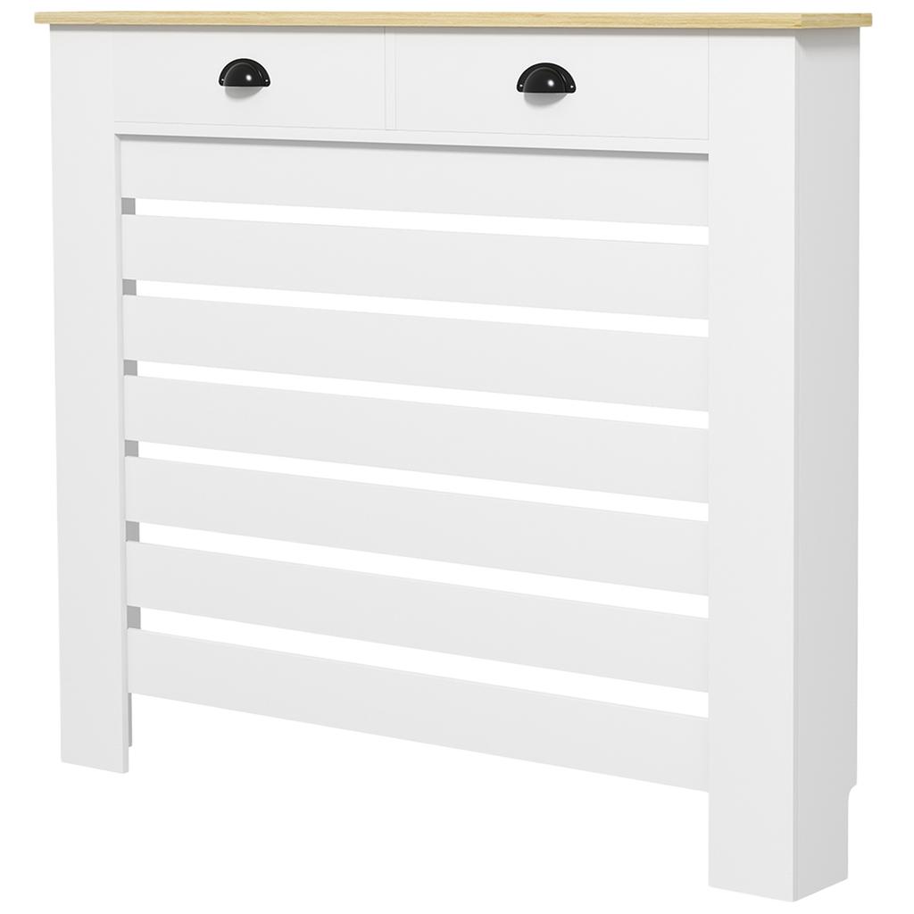 Radiator cover with horizontal slatted grille and 2 wooden drawers, 111W x 19D x 95.5H cm, white