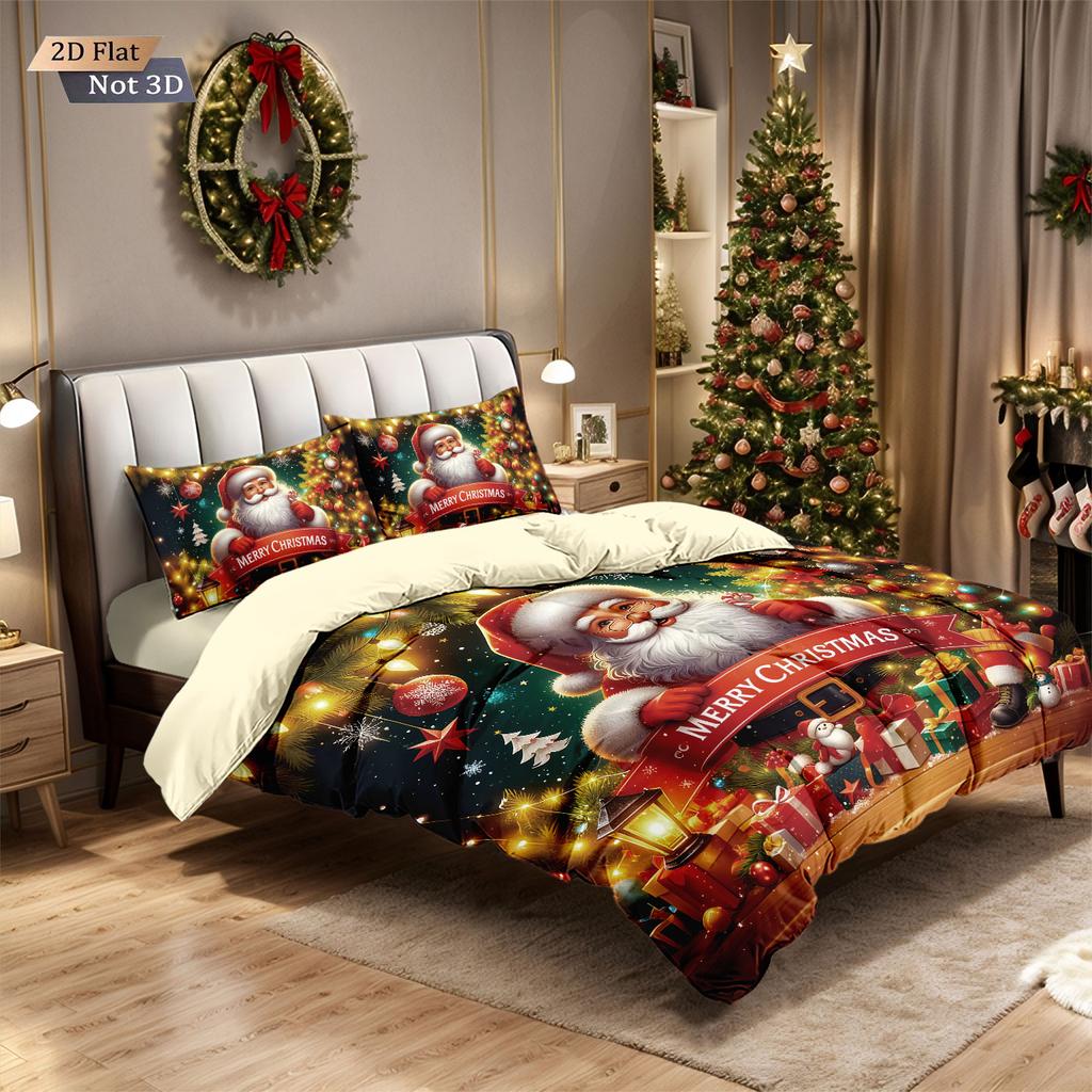 3pcs Merry Christmas Santa Claus Print Coreless Bedding Set Multiple Size Bedrooms Bedding Holiday Decorations Machine Washable